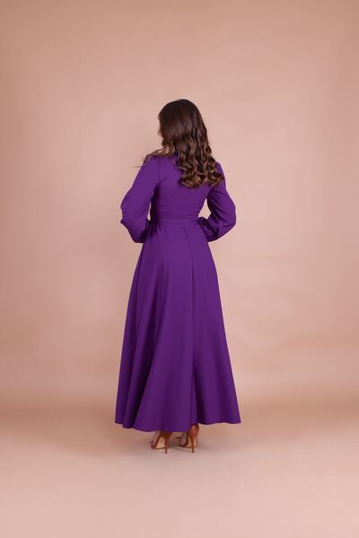 vuvutasarım Women's Flexible Atlas Fabric Belt Detailed Double Breasted Collar Long Sleeve Maxi Plum Evening Dress 110