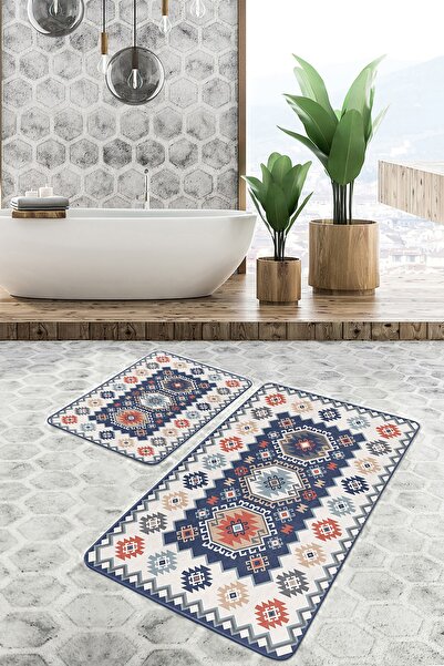 Realhomes مجموعة مكونة من قطعتين من سجادات الحمام ذات الطراز العرقي الأصلي Avangarde المكونة من قطعتين على خلفية زرقاء