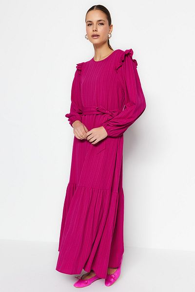 Trendyol Modest Φούξια ζωσμένος ώμος με βολάν Φόρεμα με επένδυση από βισκόζη TCTSS23EB00290