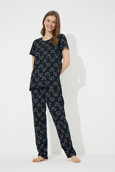 Siyah İnci Black Teddy Bear Patterned Short Sleeve Cotton Pajama Set