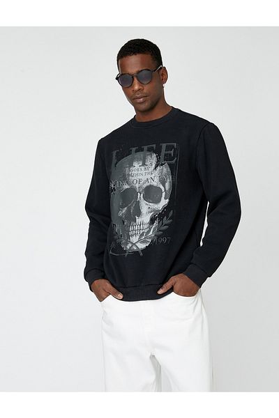 Koton Skull printed φούτερ με ραβδώσεις Crew λαιμόκοψη