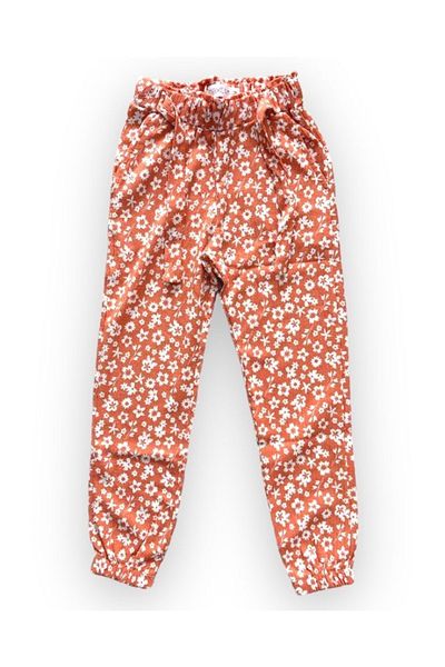 Pink Hippo Kids Flower Patterned Elastic Waist Crinkle Fabric Girl's Trousers