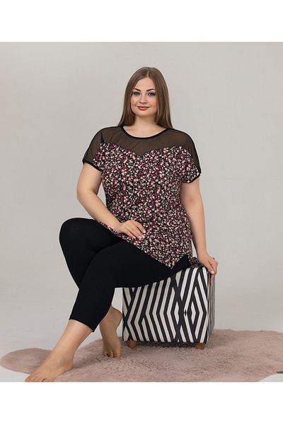 Yenimodam Plus Size Short Sleeve Women's Capri Suit 10634