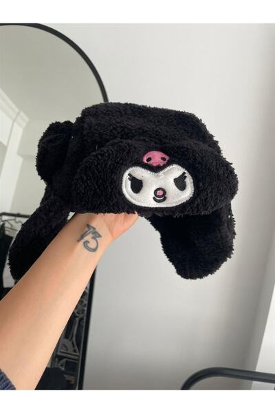 Genel Markalar Sanrio Karakterleri Figürlü Kuromi Peluş Bomber Şapka Bere