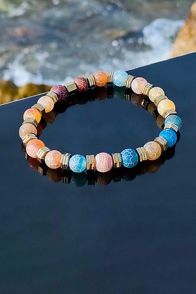 TREND COLLECTİON Crab Agate Original Natural Stone Gold Detailed Adjustable Unisex Bracelet