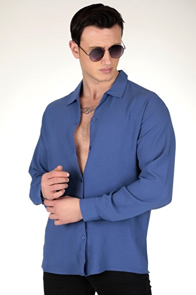 efraim giyim Ανδρικό πουκάμισο με υφή Aerobin Indigo Linen Oversize