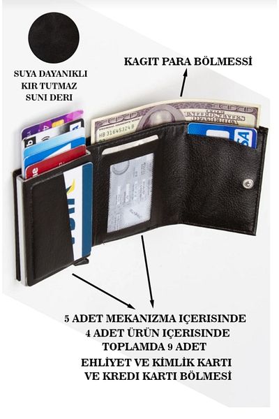 NEWISH POLO ACCESSORIES Khaki Leather Mechanism Automatic Sliding Card Holder Wallet Rfid Protected Aluminum Mechanism (7CMX10CM)