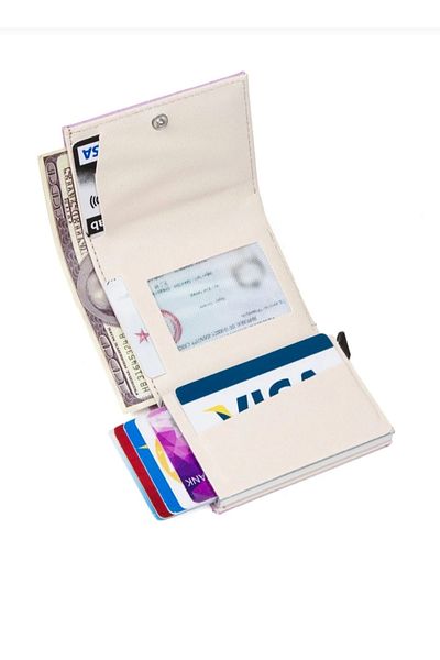 NEWISH POLO ACCESSORIES Lilac Leather Mechanism Automatic Sliding Card Holder Wallet Rfid Protected Aluminum Mechanism (7CMX10CM)