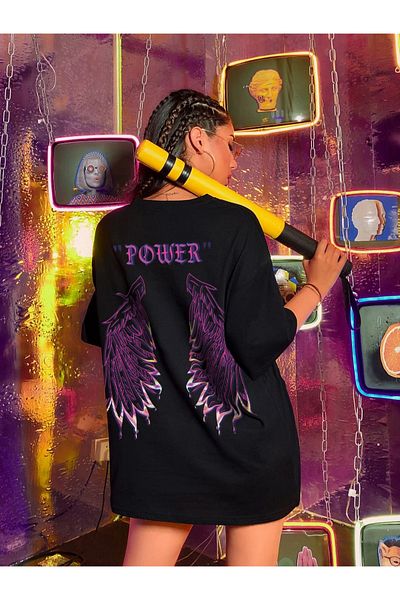 Machetta Power Front Writing Wing on Back Printed Μαύρο μπλουζάκι Unisex Oversize