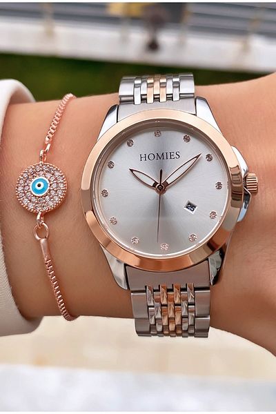 Homies Brand Rose Silver Color Waterproof Women's Wristwatch - With Bracelet Gift