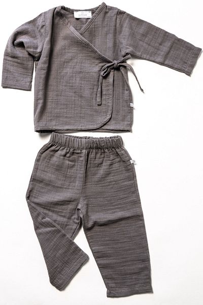 Slithice Baby Collection Baby Kimono Set 100% Cotton Two Layers Muslin Fabric Anthracite Gray Color