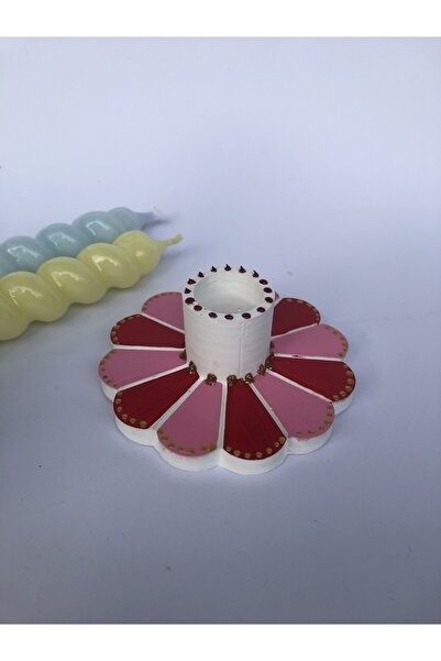 Elif Design Çiçekli Gold Detaylı El Boyaması Şamdan Mumluk