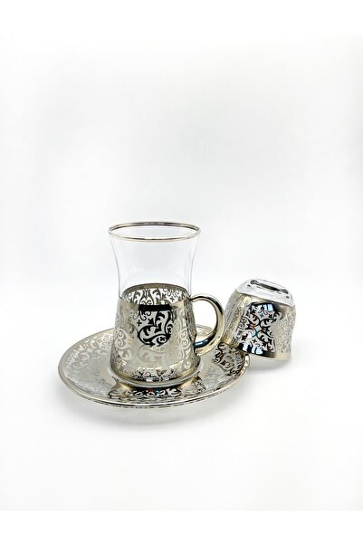 ÖzcamKristal 18 Parça 6 Kişilik Gümüş Yaldızlı Osmanlı Motifli Çay Takımı