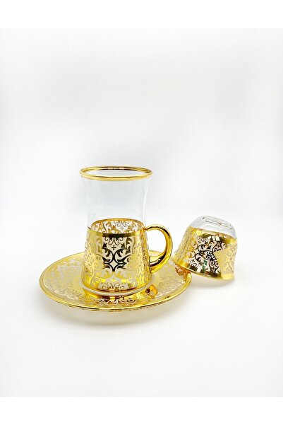 ÖzcamKristal 18 Parça 6 Kişilik Altın Yaldızlı Osmanlı Motifli Çay Takımı