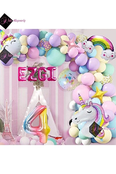 Bkmc 4 Yaş Ve 4 Harfli Gökkuşağı Konsepti Unicorn Temalı Makaron Balon Doğum ...