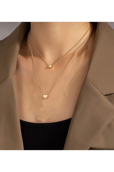 fullcontrol Gold Color Two Layer Heart Star Necklace