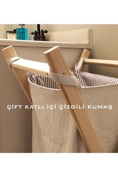 meditroia Ahşap Ayaklı Kumaş Sepetli Çamaşırlık Tr00321