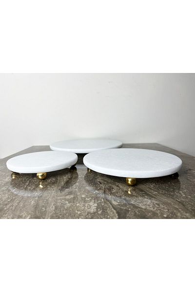 Modestmar Natural Plain White Marble Round 3-Piece Presentation Set Gold Top Leg Plain White
