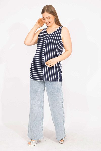 Şans Women's Navy Blue Plus Size Stripe Combination Blouse 65n35714