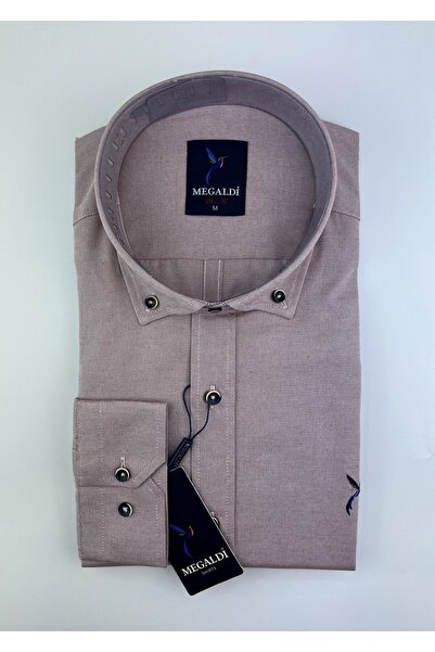 MEGALDİ Erkek Slim Fit Spor Şamreli Düz Gül Kurusu Rengi Gömlek