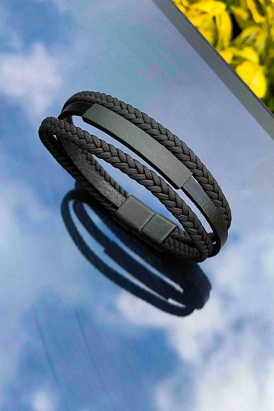 TREND COLLECTİON Genuine Leather Bracelet Wicker Braided 3 Row Black Men's Leather Bracelet