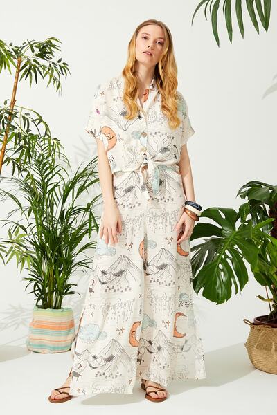 ENNA MODA Moon Pattern Summer Blouse Pants Set, Summer Crop Twin Set, Beach Set Beachwear Resortwear