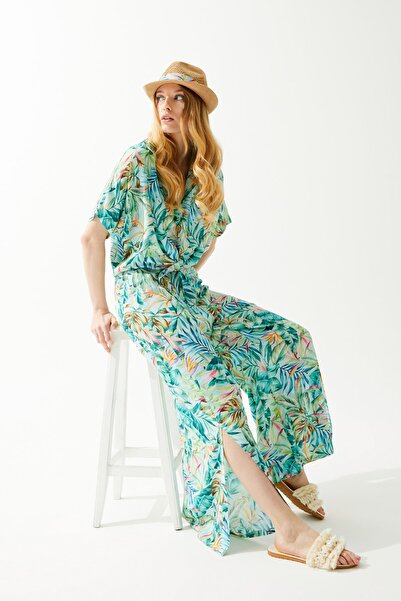 ENNA MODA Tropical Pattern Summer Blouse Pants Set, Summer Crop Twin Set, Beach Set Beachwear Resortwear