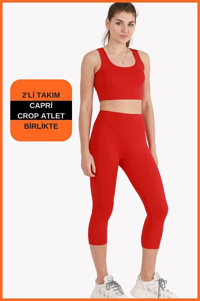 missmaral Women's Red Sports Set Capri Leggings and Crop Undershirt Set of 2 New Season Seasonal Capri -crop 3020