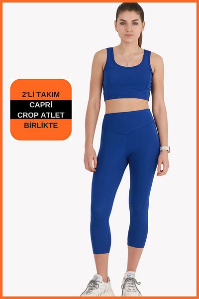 missmaral Women's Sax Blue Sports Set Capri Leggings and Crop Undershirt Set of 2 New Season Seasonal Capri -crop 3020