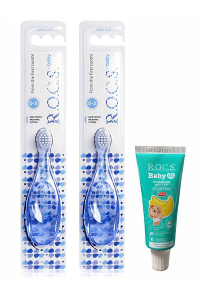 R.O.C.S. Rocs Baby 0-3 Year Old Toothbrush 2 Pieces Blue - Trial Size Banana Puree Baby Paste 25 Gr Gifted