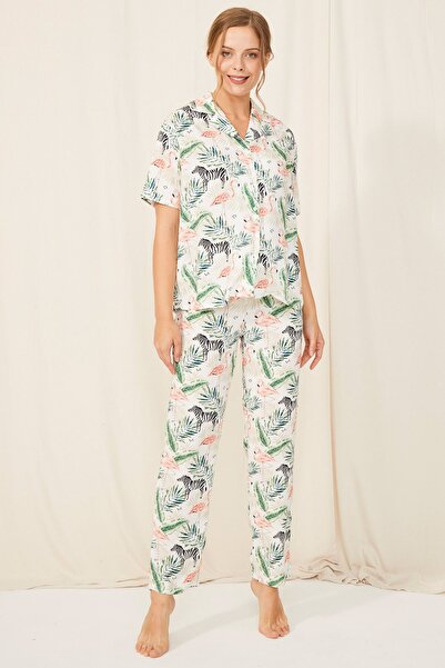 ENNA MODA طقم بيجامة نسائي مكون من قطعتين بأكمام قصيرة وأزرار أمامية من قماش الفيسكوز المنسوج للموسم الجديد