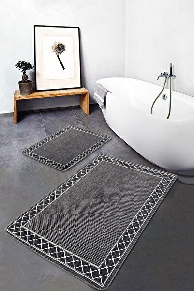 Realhomes 2'li Set Füme Zeminde Çerçeveli Motifli Örgü Desenli Geometrik Sade...