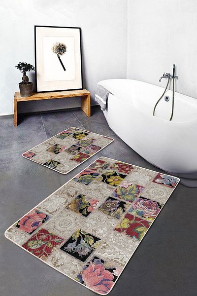 Realhomes Set of 2 Classic Vintage 2-Piece Bathroom Kitchen Mat Set with Patchwork Motif and Knitted Pattern on Cream Floor