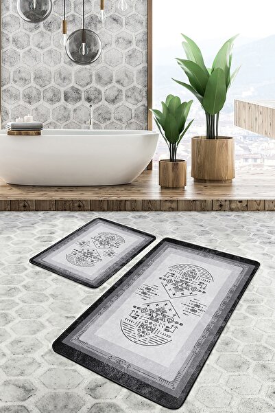 Realhomes Black-Grey Framed Motifed Authentic Patterned Ethnic Motifs Vintage 2-Piece Bath Mat Set on the Floor