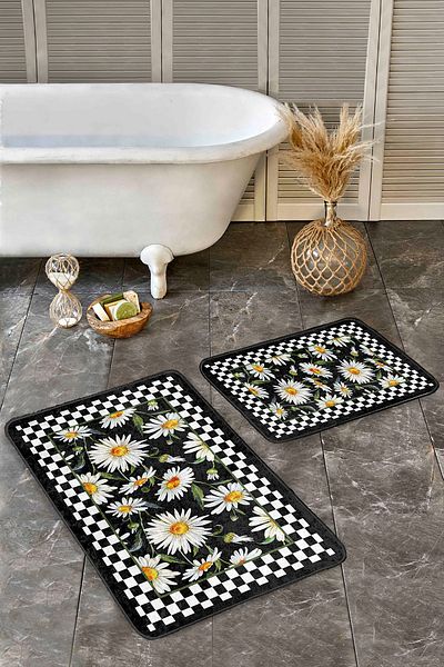 Realhomes Black - White Framed Motif Daisy Floral on a Floor Simple & Stylish 2-Piece Bathroom & Kitchen Mat Set