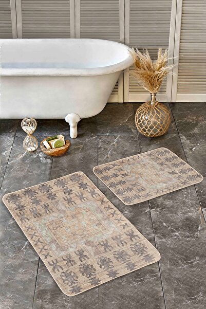 Realhomes مجموعة من 2 سجادة حمام عتيقة مكونة من قطعتين مع زخارف قبلية بنمط عرقي على أرضية كريمية