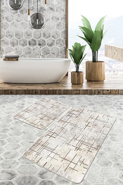 Realhomes كريمي - طقم سجادة للحمام والمطبخ مكون من قطعتين بتصميم هندسي بسيط و...