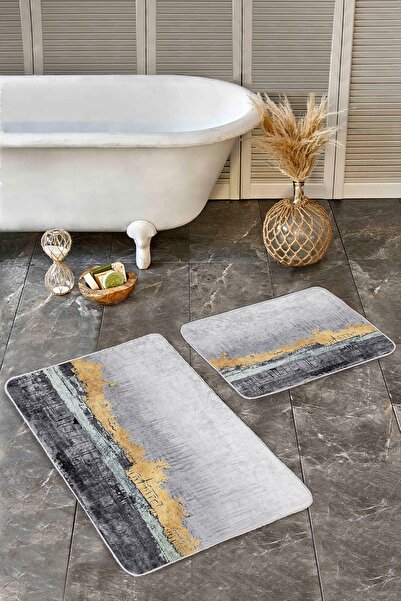 Realhomes مجموعة من 2 سجادة حمام كلاسيكية حديثة مكونة من قطعتين باللون الرمادي الذهبي على أرضية منقوشة بزخارف زيتية