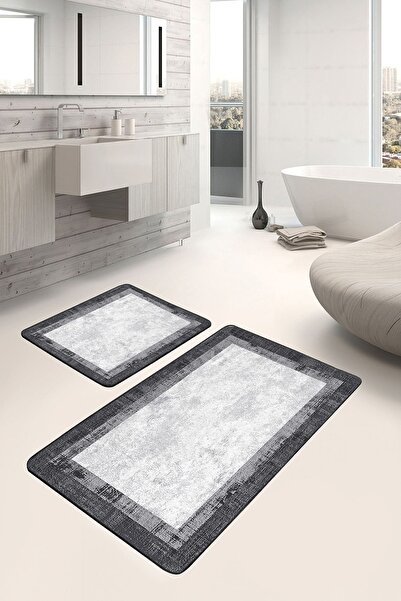 Realhomes طقم سجادة حمام أفانغارد مكون من قطعتين باللون الأسود والرمادي مع زخ...