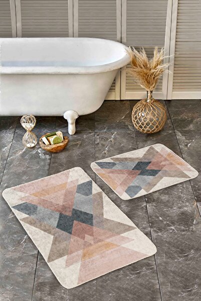 Realhomes مجموعة من 2 سجادة حمام بسيطة وأنيقة مكونة من قطعتين مع نمط مثلث هندسي على أرضية بألوان الباستيل