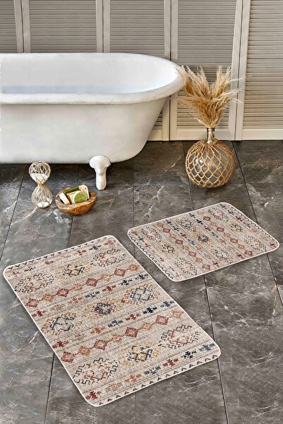 Realhomes مجموعة مكونة من قطعتين بساط حمام عتيق مكون من قطعتين مع تصميم سجادة على أرضية كريمية بنمط البقلاوة