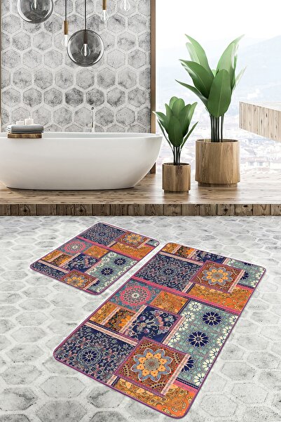 Realhomes مجموعة من 2 سجادة حمام بتصميم هندسي عتيق مكونة من قطعتين مع زخارف مرقعة على أرضية زهور