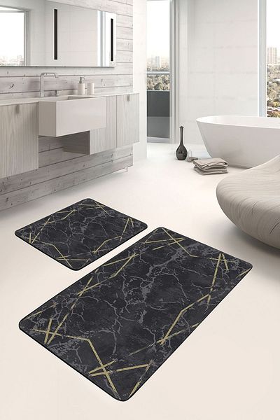 Realhomes Set of 2 Black - Gold Framed Motif Marble Geometric Classic 2-Piece Bathroom Mat Set