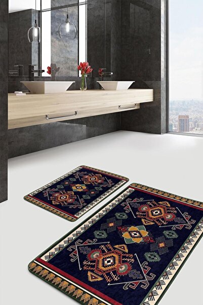 Realhomes تصميم محلي منسوج بزخارف عرقية على الطراز الأزرق الداكن، طقم سجادة ح...