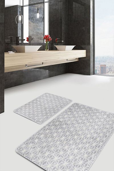 Realhomes Set of 2 Gray Motif Geometric Patterned Geometric Simple & Stylish 2-Piece Bath Mat Set on White Floor