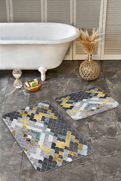 Realhomes Set of 2 Gold - Geometric Patterned Geometric Classic 2-Piece Bath Mat Set with Sequin Motif on Blue Background