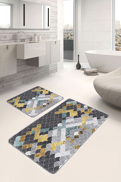 Realhomes Set of 2 Gold - Geometric Patterned Geometric Classic 2-Piece Bath Mat Set with Sequin Motif on Blue Background