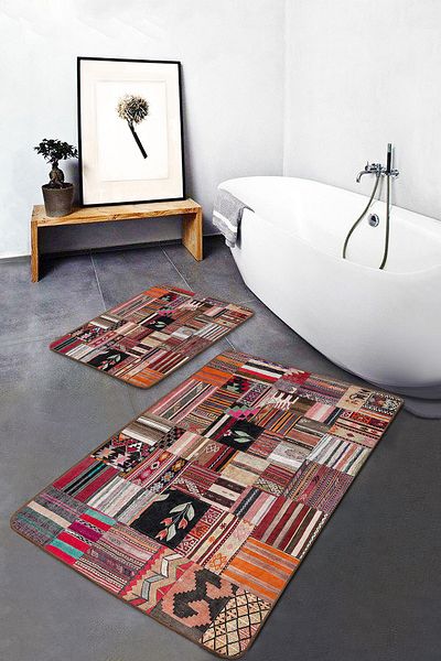 Realhomes Black - White Patchwork Patterned Vintage Simple & Stylish 2-Piece Bath Mat Set with Patchwork Pattern on the Floor