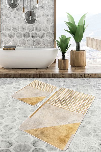 Realhomes Set of 2 Geometric Motif Houndstooth Patterned Geometric Classic 2-Piece Bath Mat Set on Gold Floor