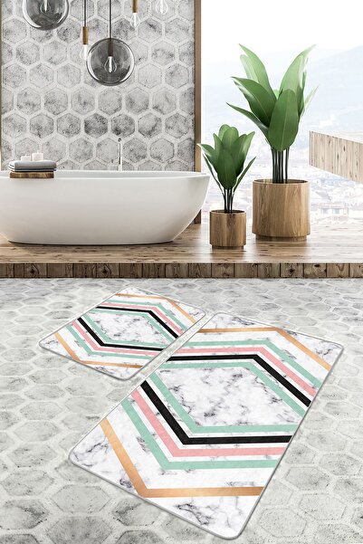 Realhomes Set of 2 Modern Simple & Stylish Geometric Bathroom Mat Set of 2 wi...